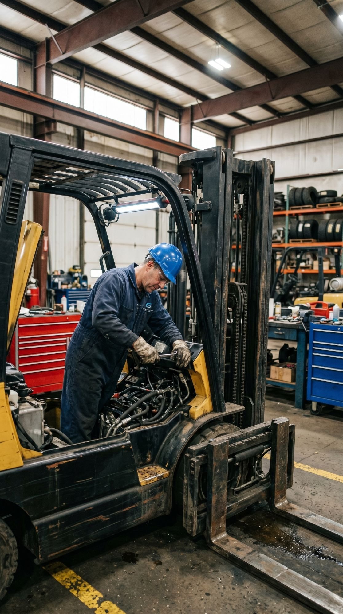 Técnico de Grupo Galván revisando el motor de un montacargas en el taller